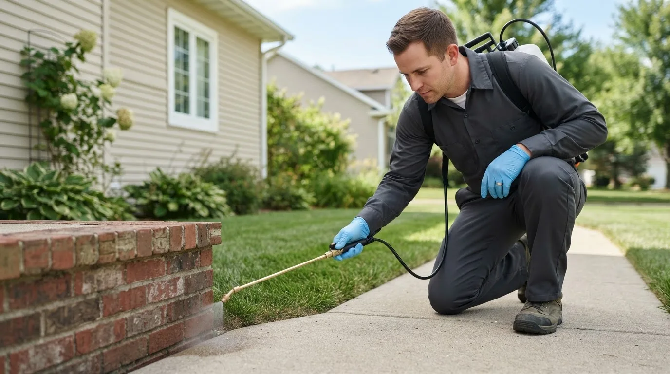 Pest control technician treating a home near Derby Line, VT